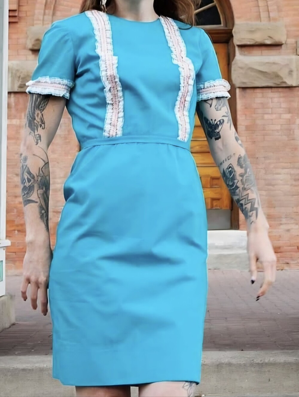 Vintage Handmade Turquoise Midi Dress with Pink & White Lace Trim